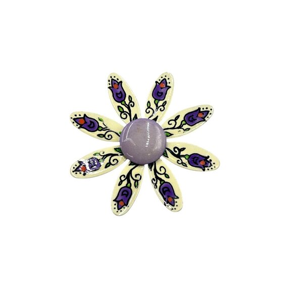 Handpainted Daisy Flower Pin Brooch with Purple Center Made in W. Germany - Picture 1 of 6